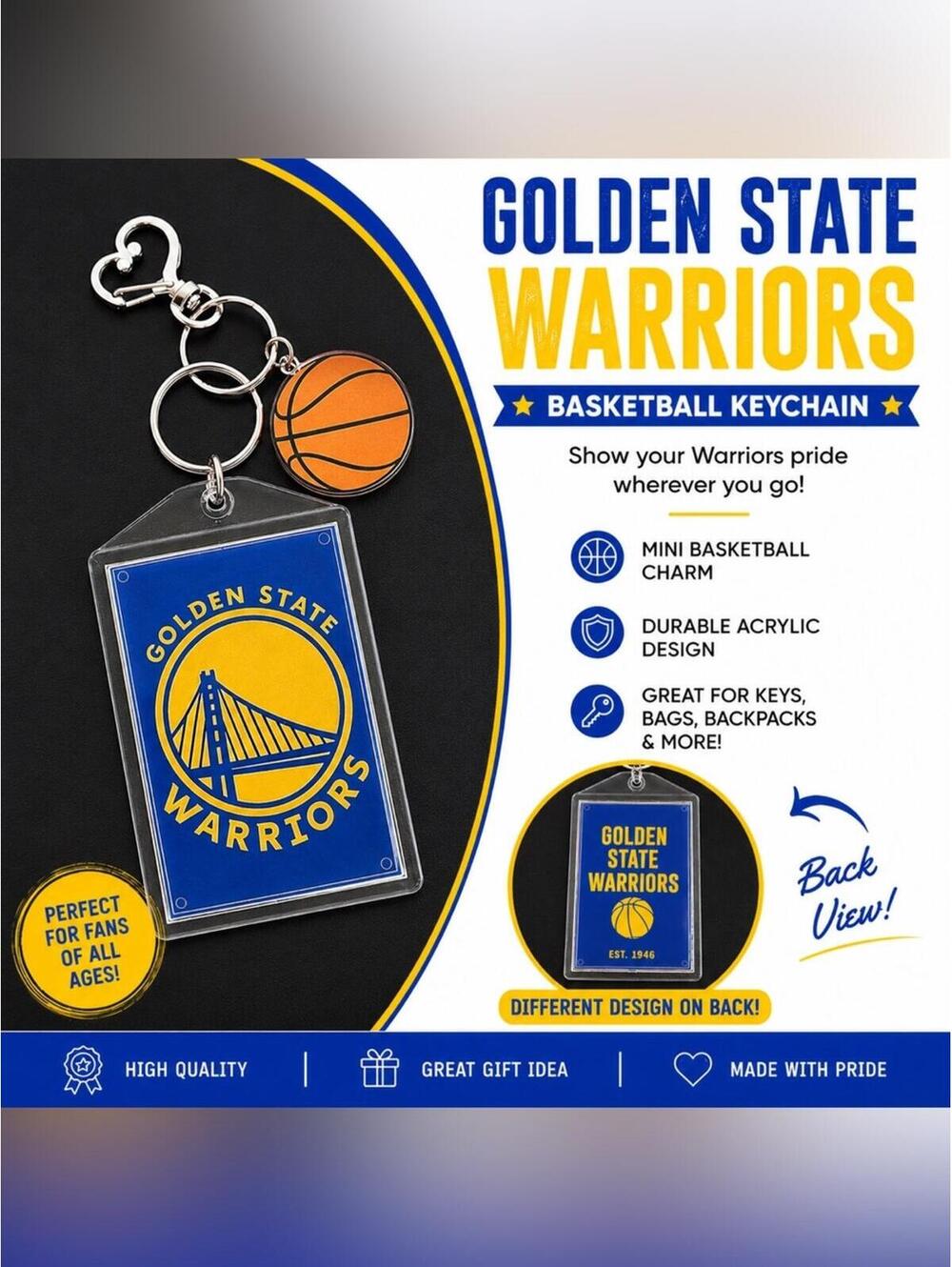 Golden State Warriors Keychain includes Heart Shape Silver Medal Spring.